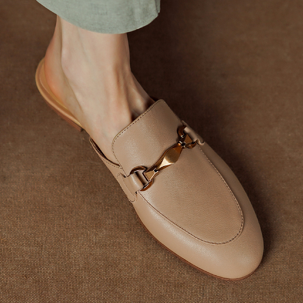 Women's sheepskin slip-on flats mules round toe leisure soft comfortable high quality summer slides casual daily shoes for woman