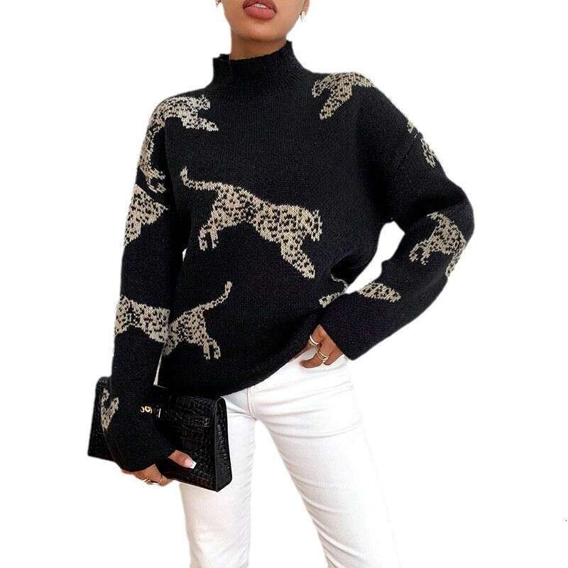 Autumn and winter deer plush semi high neck women's new style temperament jacquard contrasting color knitted sweater top