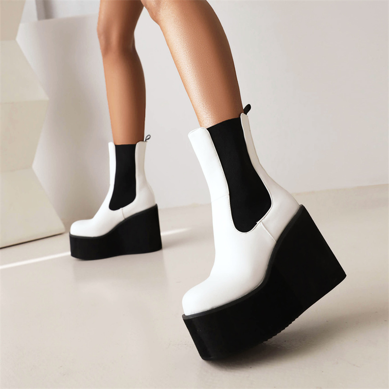 Ankle Platform Boots For Women Shoe Black White Wedges High Heels Goth Boot Casual Autumn Winter Shoes Female Waterproof d371 s