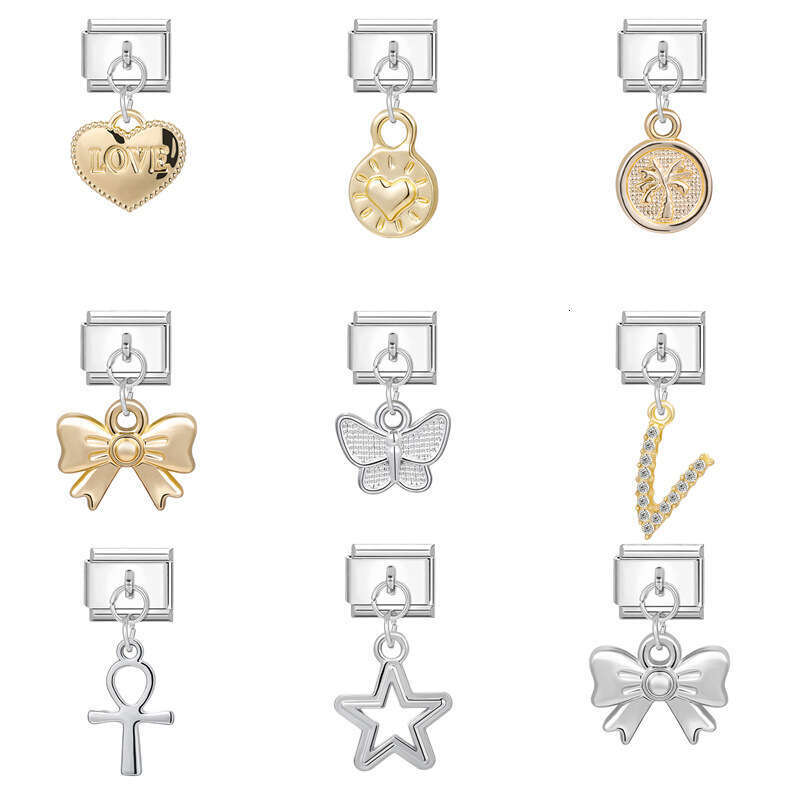 New Women's Gift Shell bow heat Pendant Italian Charms Links Bangle Beads Fit 9mm Stainless Steel Bracelet Making DIY For Women Fashion Jewelry