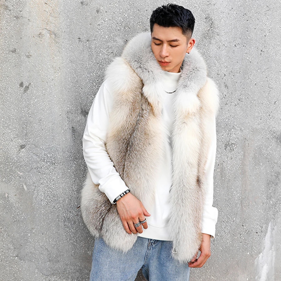 Mens Fox Fur Coat Warm Winter Fur Vest With Hood Real Fox Fur Jacket Fashion Selling 240905