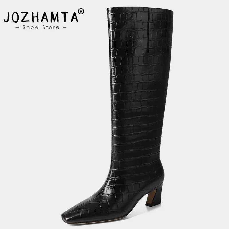 JOZHAMTA Size 34-40 Knee Boots For Women Genuine Leather Block High Heels Shoes Winter 2025 Wide Calf Casual Long Tall Boots