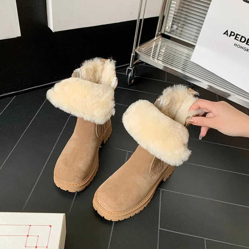 Winter Sheepskin Wool Integrated Warm Black Brown Plush Cold Resistant Thick Soled Snow Boots Women's Cotton Shoes