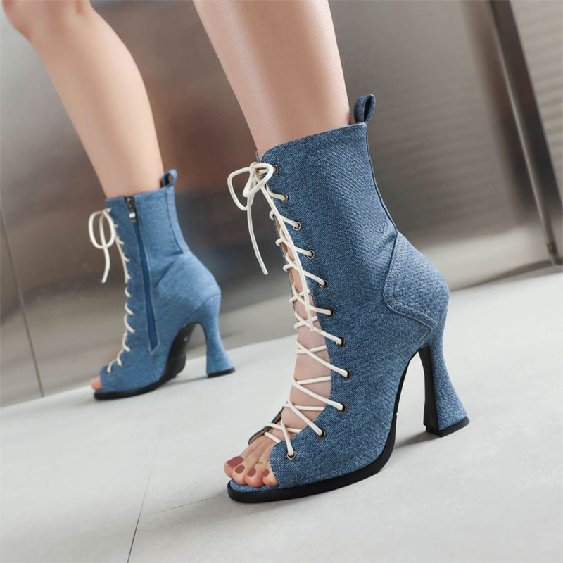 Ankle Sexy Boots For Women Lace-up Hollow Peep Toe Black Beige High Heels Jazz Dance Party Shoes Female Large Size 45 44 4ee2