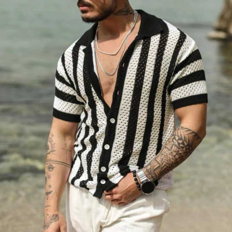 Knitted Shirts Mens Fashion Hollow Out Breathable Beach Cardigan Shirt Short Sleeve Mens Summer Button Lapel Casual Knit Shirts Z240914