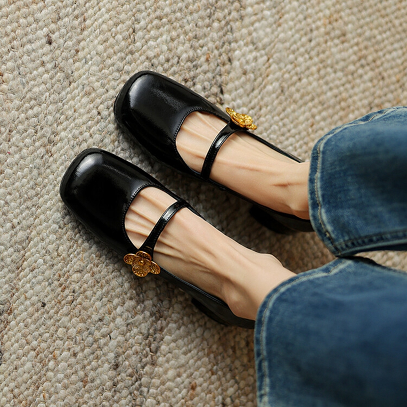 Spring NEW Pumps Patent Leather for Women Square Toe Chunky Heel Metal wer Mary Janes Plus Size Black Shoes 5ef1