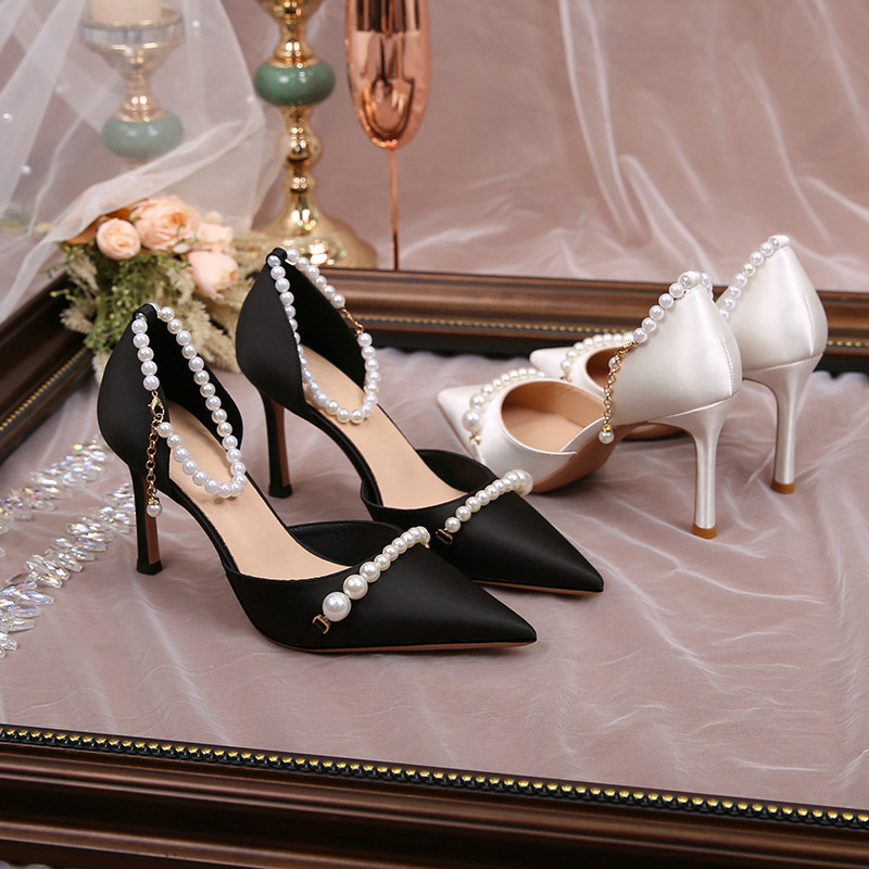 Newest Wedding Shoes Bridesmaid Shoes Pointed Thin Pearl Buckle Beautiful High Heels Single Pumps