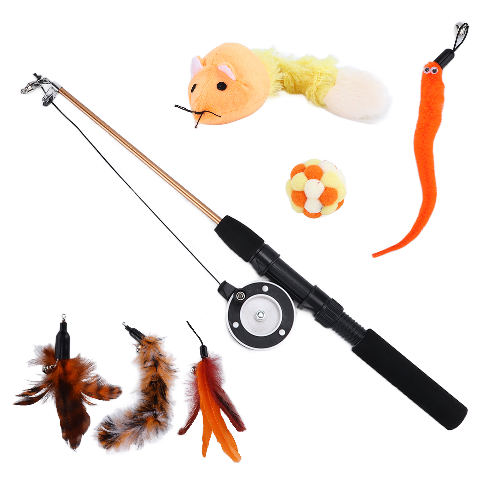 Retractable Cat Stick Toy Set with Feather, Fishing Pole, Bells, Wand, Indoor Kittens, 7 Pcs