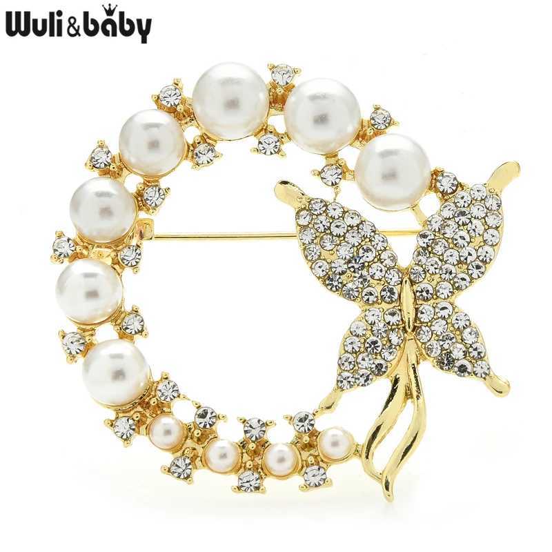 Wuli baby Pearl Round Buttterfly Brooches For Women 2-color Rhinestone Insect Circle Flower Party Office Brooch Pins GiftsX240914