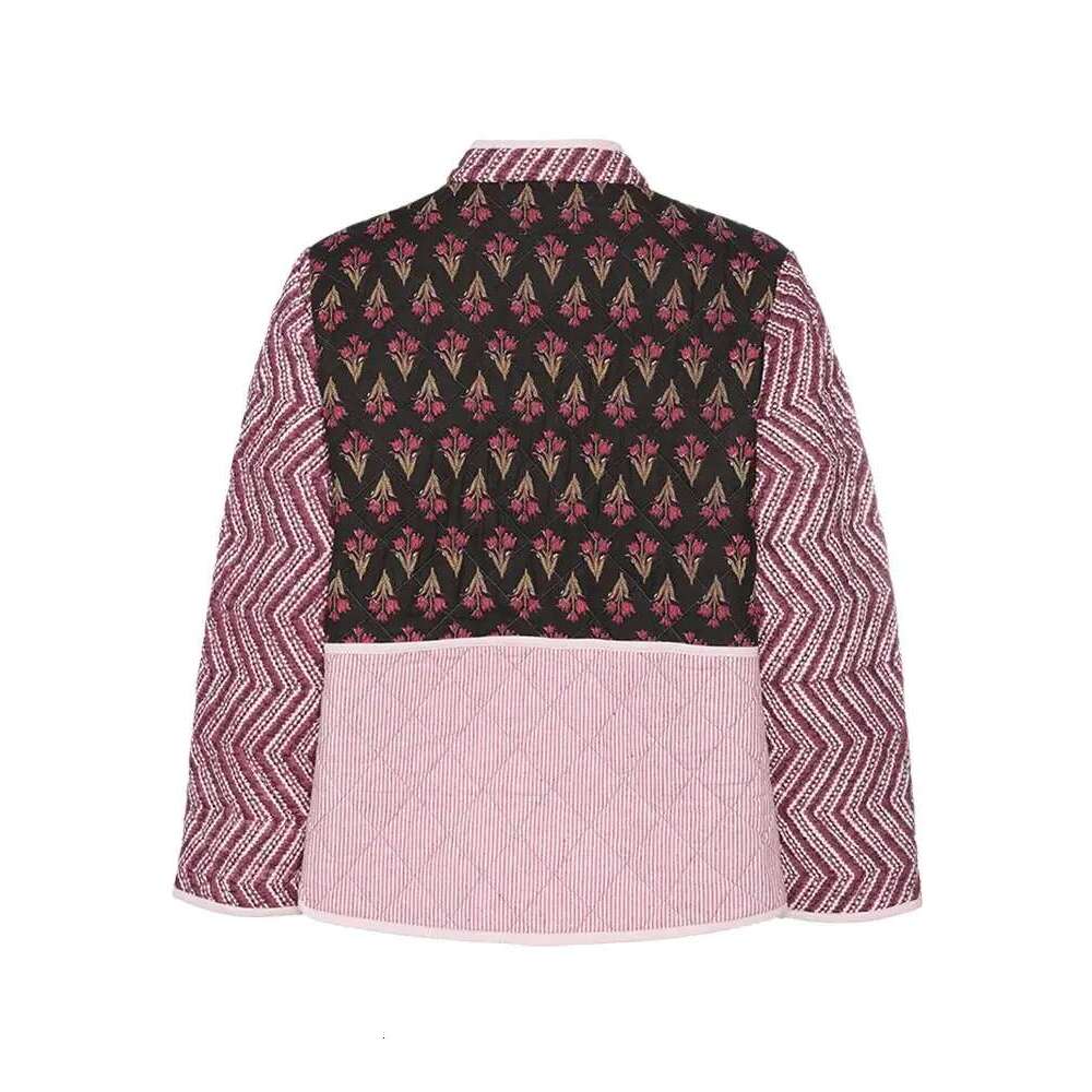Women Printed Patchwork Two Pockets Cotton Jacket Long Sleeve Contrasting Color Single-Breasted Padded Coat Lady Street Outwear