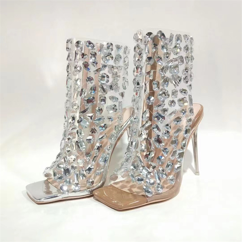 Brand Design 2023 New Crystal/rivet Zipper Sandals Stage Banquet Nightclub High Heels Women Shoes Apricot Silver Dress Matching