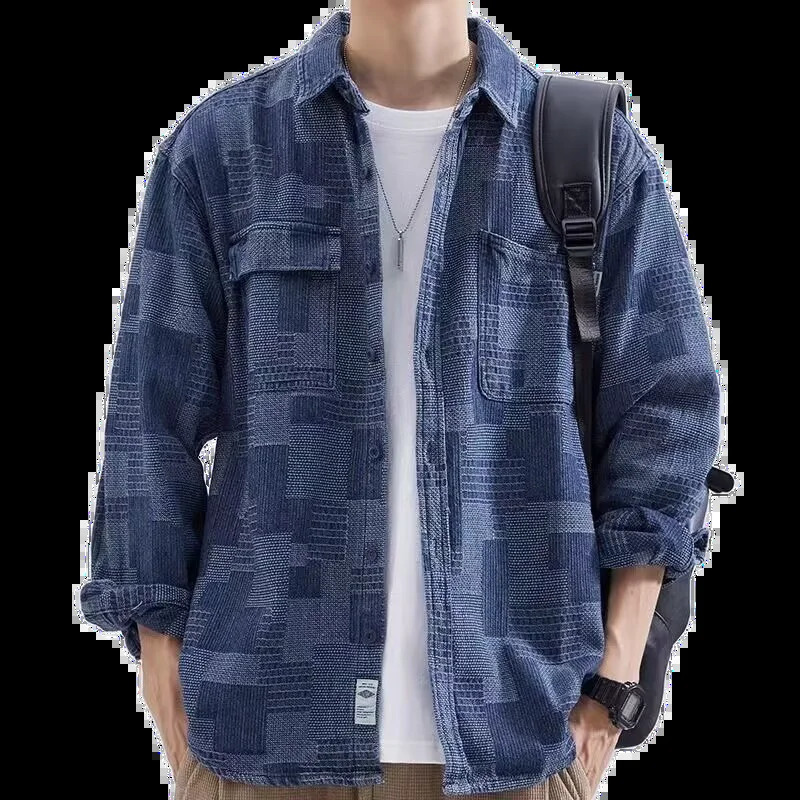 Clothing denim shirt jacquard splicing niche long sleeved work mens spring and autumn jacket Japanese retro 240904