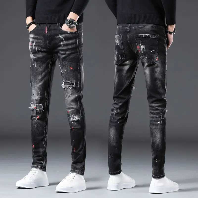 New spring autumn denim mens jeans ultra-thin painful tearing pants paint splatter design streetwear luxurious ultra-thin jeans CL240912