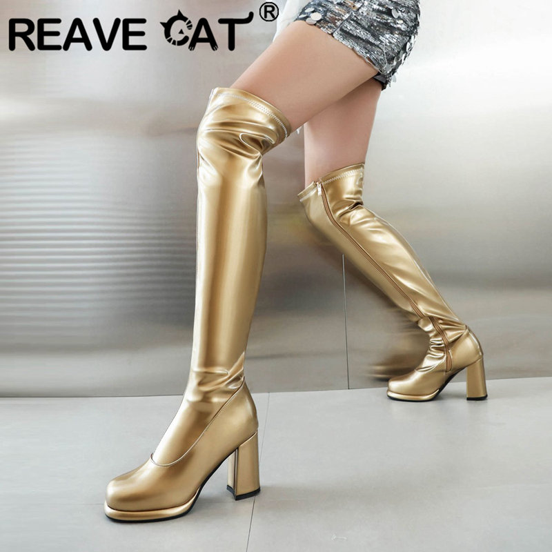 REAVE CAT Fashion Thigh Boots Round Toe Block Heels 8.5cm Platform Zipper Plus Size 46 47 48 Sexy Party Ladies Stretch Booties