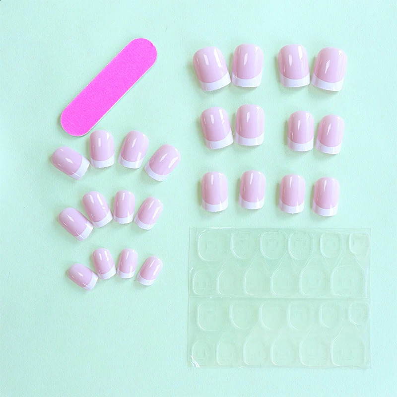 Short False Nail French Style Square White Pink Cute High Penetration Press Type Nail Semi Curing Jelly Gel Nail Piece 240914