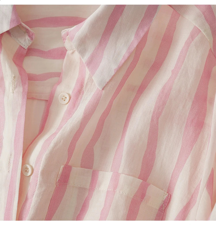 Retro striped womens shirt loose summer long sleeved top polo neck cotton linen womens shirt 240914