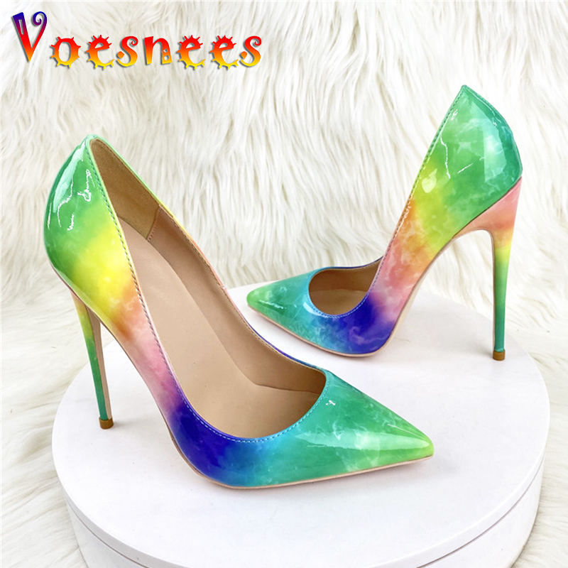 Rainbow Single Shoes 2024 Spring New Gradient Color High Heels 12CM Pointed Casual Shoe Club Women Shallow Mouth Big Size Pumps