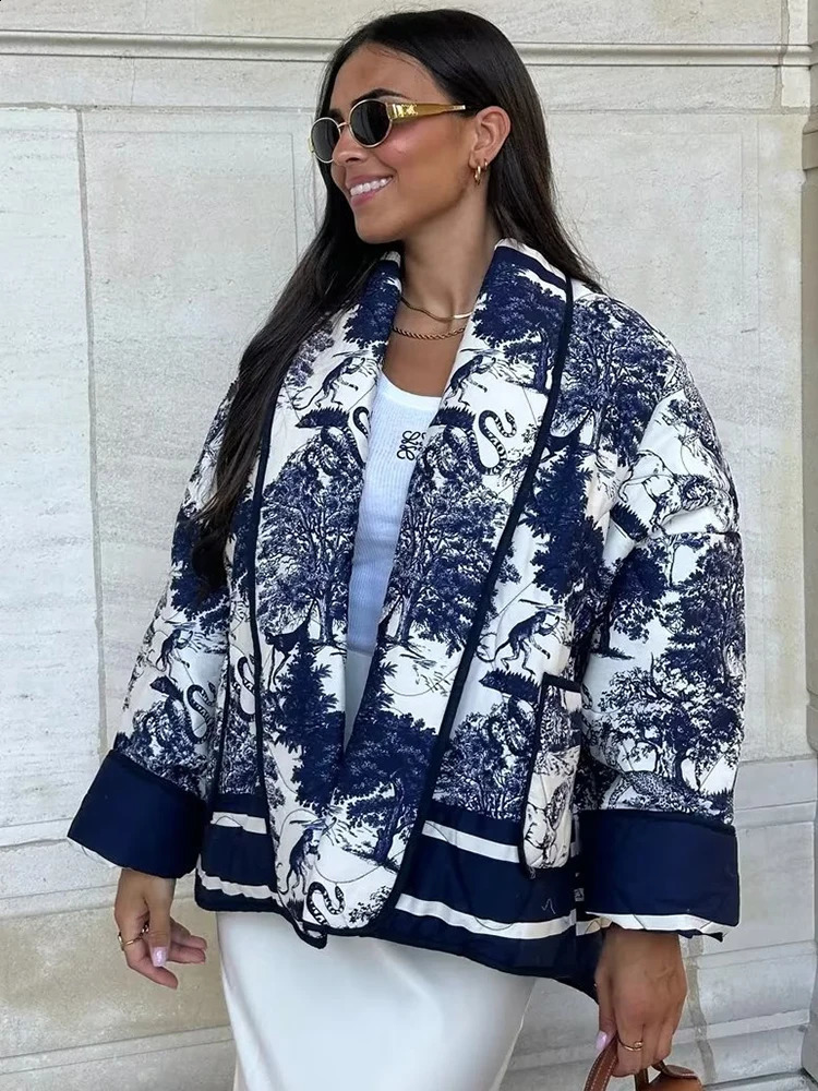 TRAFZA Winter Warm Thick Patch Work Womens Loose Scarf Collar Printed Jacket Fashion Pocket Womens Jacket Cotton Clothes 240914