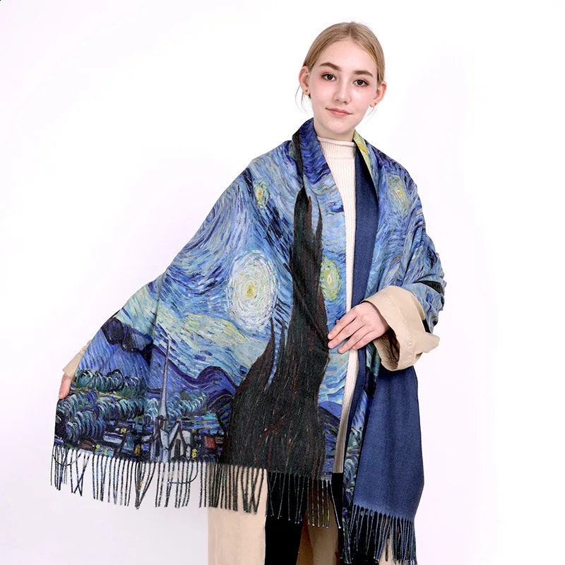 Fashion Oil Painting Scarf Women Winter Warm Van Gogh Painting Tassel Scarves Unique Long Print Wraps Shawl 240909