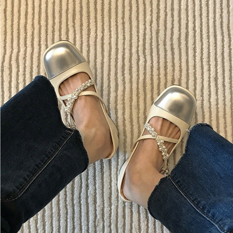 New New 2024 French Pearl Rhinester Pumps Square Head One-e Buckle High Heels Women's Mary Jane Thick Heel Shoes 5d96