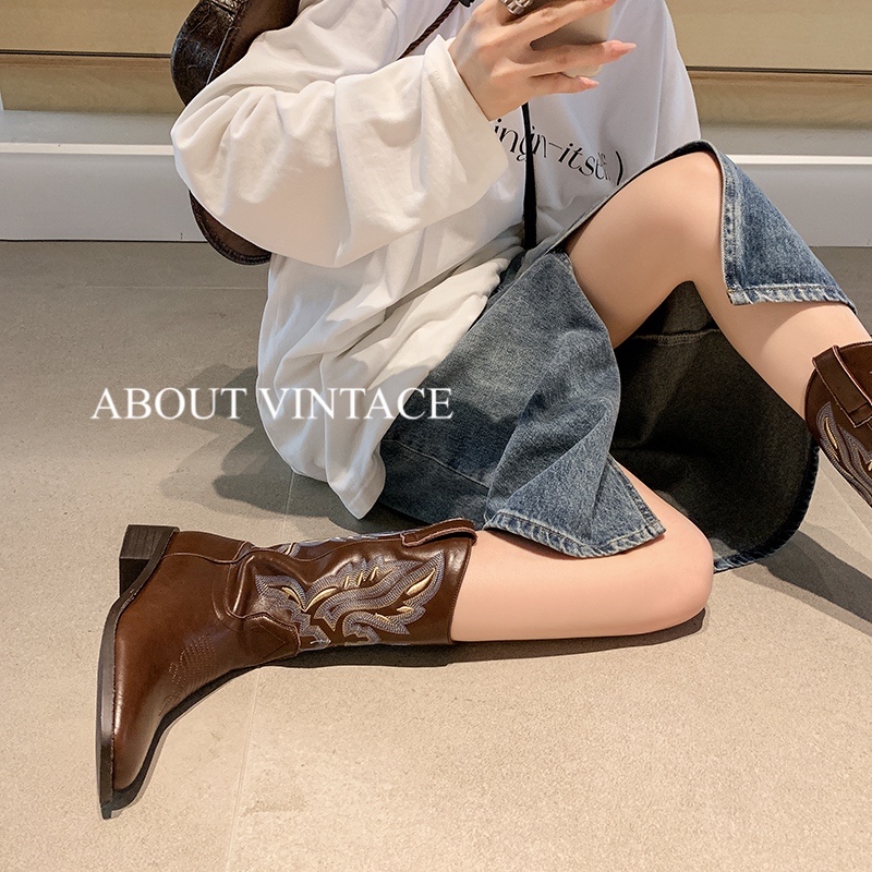 2024 Fashion Chunky Heel Women Western Cowboy Boots Mid-Calf Shoes Split Leather 0dbe
