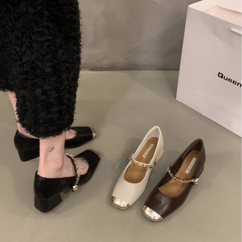 Simple square head thick temperament single 2024 spring fashion patchwork with New skirt shoes