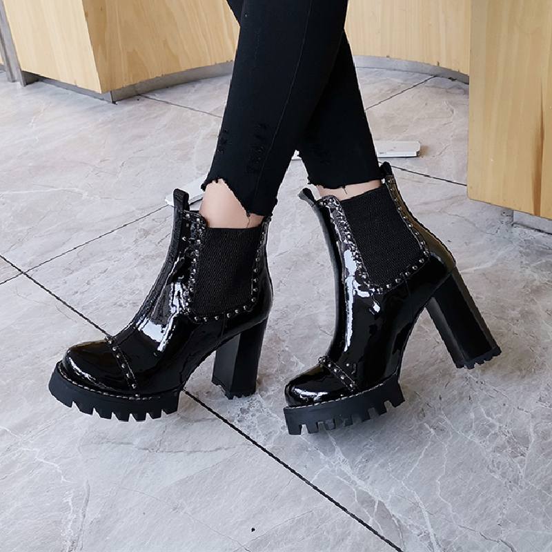 Leather Genuine Ankle Boots For Women Rivets Black Block Heel Short Boot Mirror Metallic Party Shoes y 087a