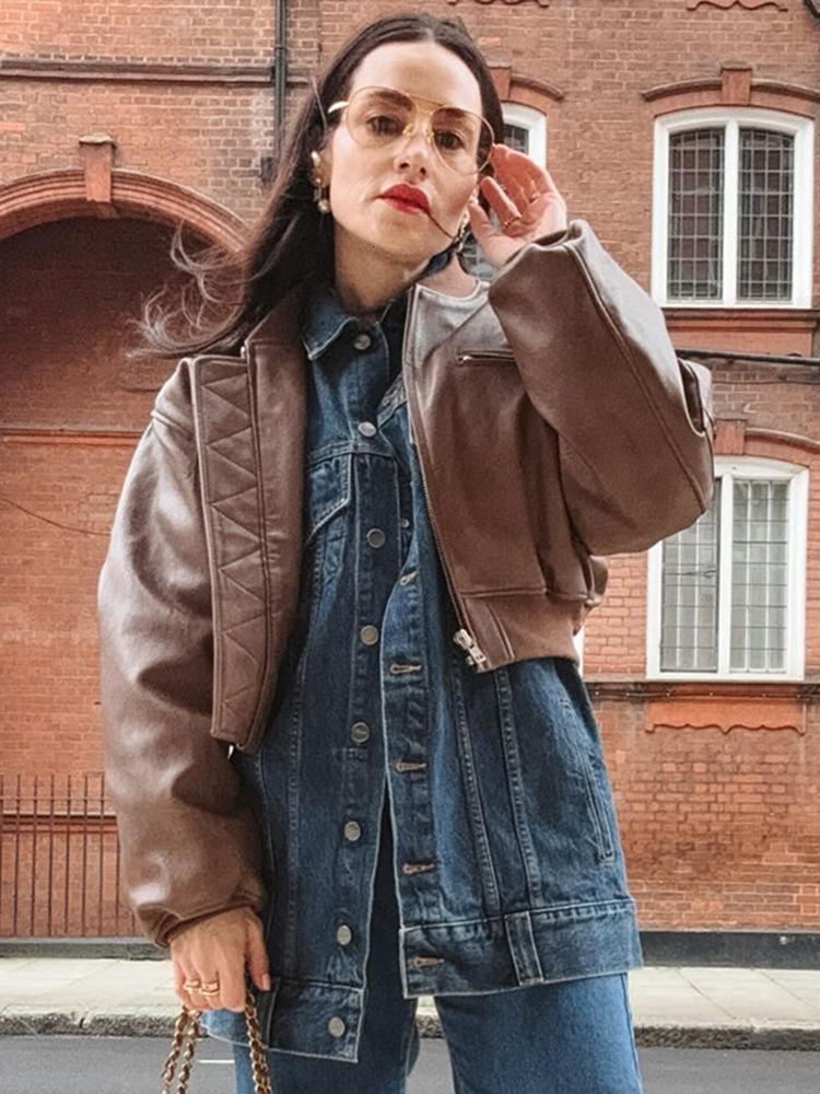 Casual Solid Leather Bomber Jacket For Women O-Neck Zipped Pockets Long Sleeve Loose Coat Female Autumn New Fashion Lady Coats