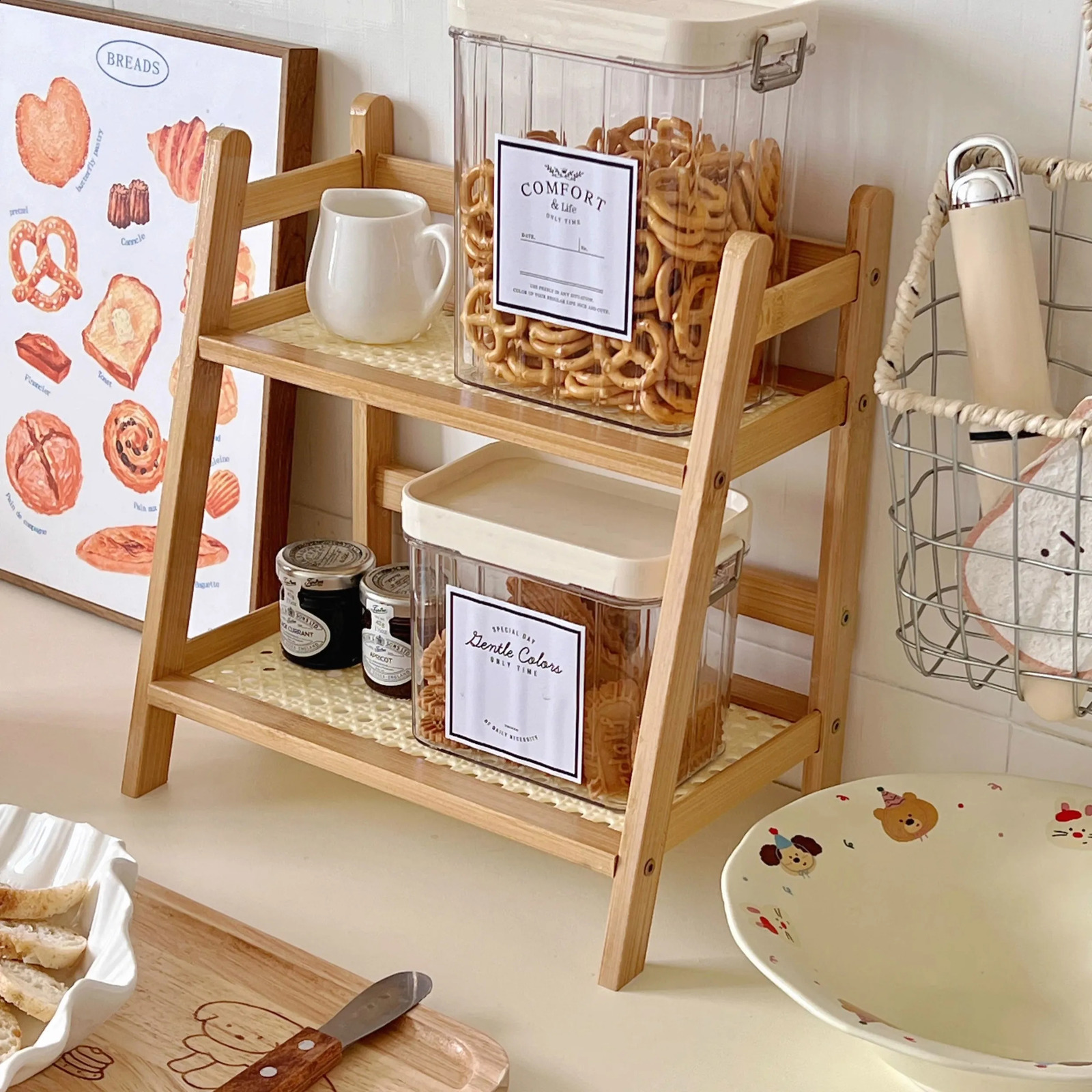 Wooden Storage Shelf for Kitchen Rattan Desktop Organizer Display Rack Spice Rack for Countertop Makeup Organizer for vanity 240910