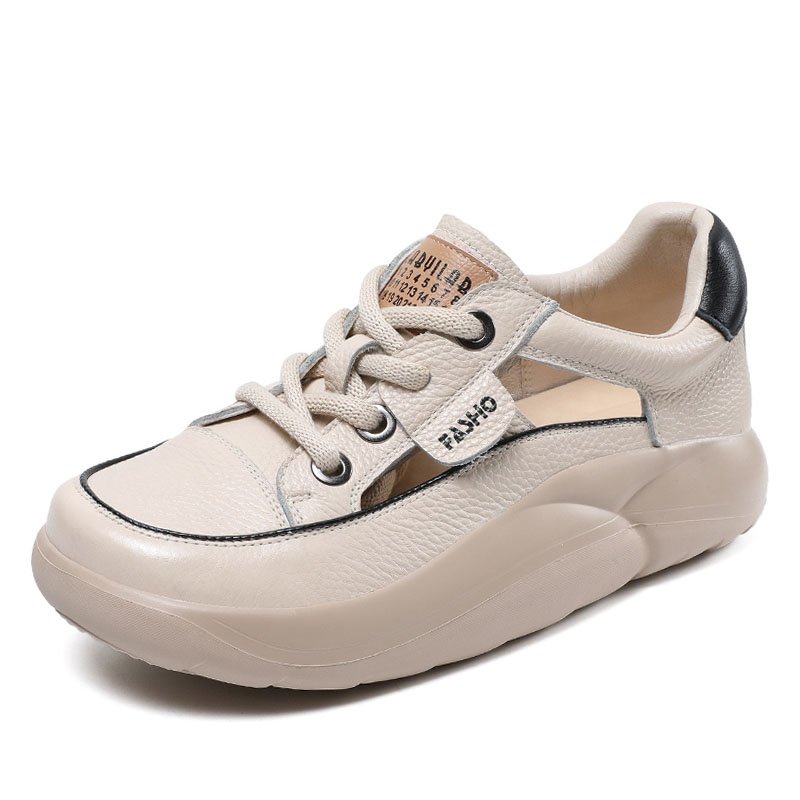 DRKANOL 2024 Women Casual Shoes Summer Hollow Out Breathable Lace-Up sneakers Genuine Leather Lightweight Flat Platform Shoes
