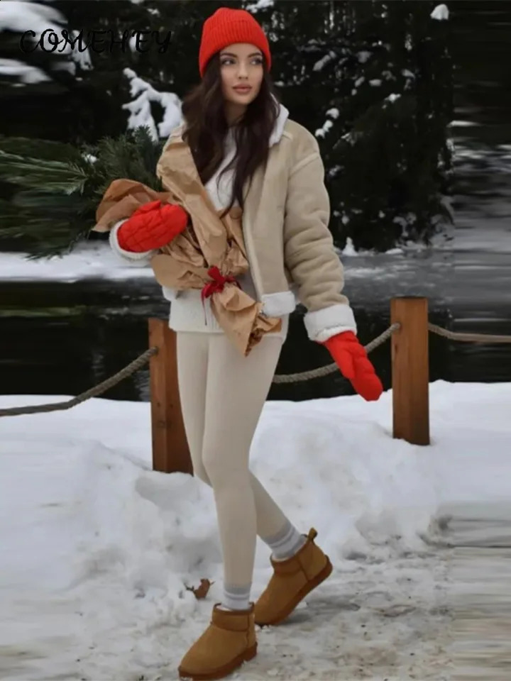 Wool sheepskin short sleeved womens jacket long lapel zipper pocket with fashionable autumn and winter street clothing fully matched 240905