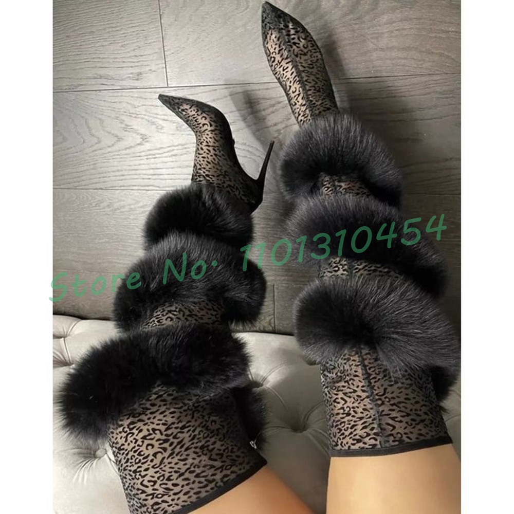 Fur Strap Stretch Thigh High Boots Ladies Leopard Mesh High Heels Women Shoes Spring New In Streetwear Fluff Sexy Black Boots