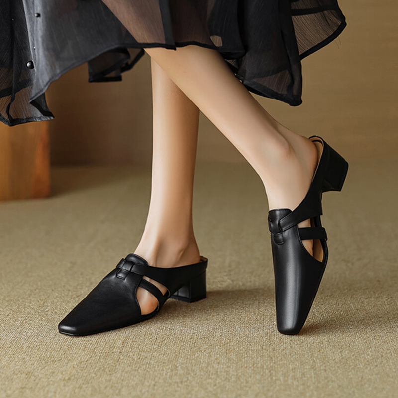 NEW Summer Women Mules Split Leather Shoes for Women Cover Toe Chunky Heel Slippers Concise Square Toe Handmade Modern Sandals