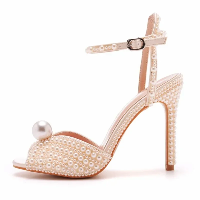 Fish Mouth White Pearl 10cm High Heel Women's Sandals Banquet Wedding Ceremonial Dress Dress Bride Bridesmaid Shoes Size 35-43