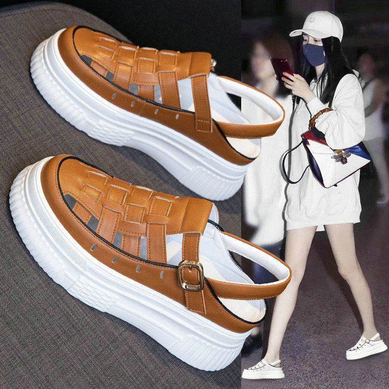 Inner Increasing Roman Sandals Female 2024 Summer New Woven Shoes Female Cowhide Leather Thick Sole Baotou Sandals