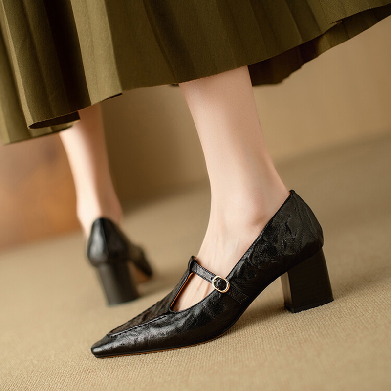 Spring/Autumn NEW Pumps Genuine Leather for Women Square Toe Chunky Heel Retro New Mary Janes T-strap Black Shoes 6c55