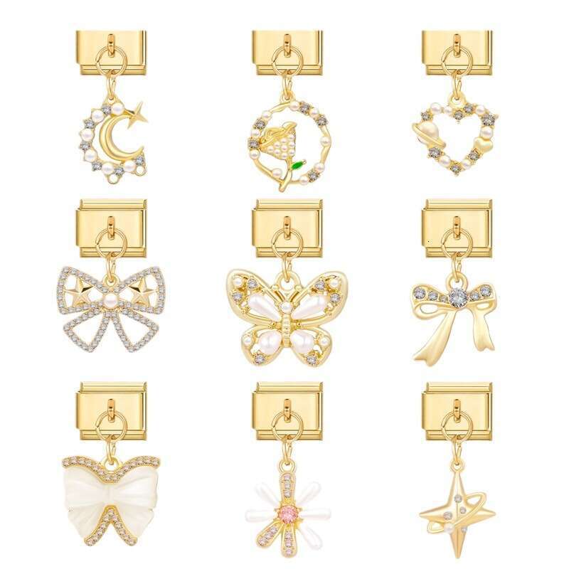 New Women's Gift Gold plated Bow Pendant Italian Charms Links Bangle Beads Fit 9mm Stainless Steel Bracelet Making DIY For Women Fashion Jewelry