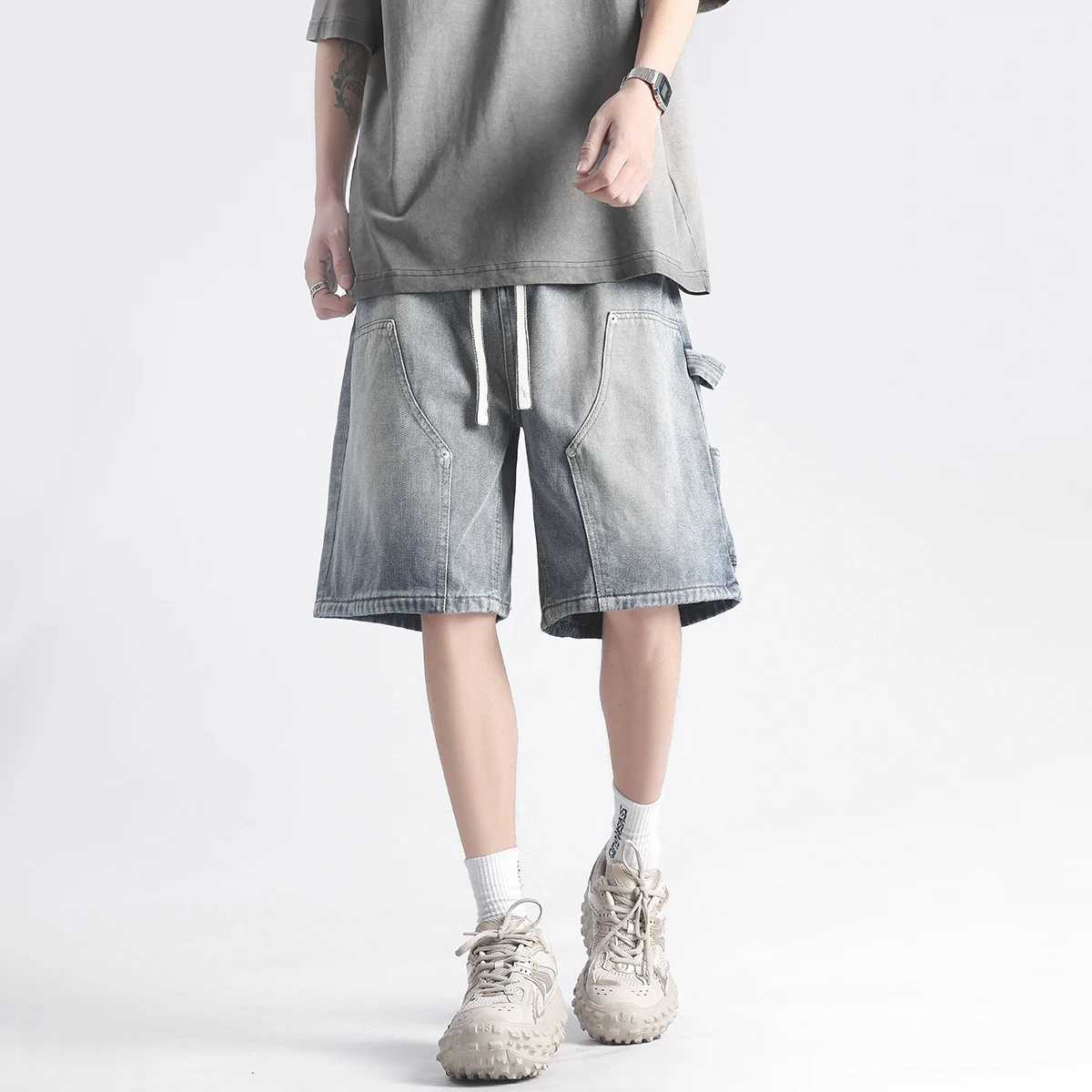 Patchwork Straight Casual Cargo Shorts Men Summer New Wide Leg Hip-hop Fashion Drawstring Youth Streetwear Denim ShortsX240914