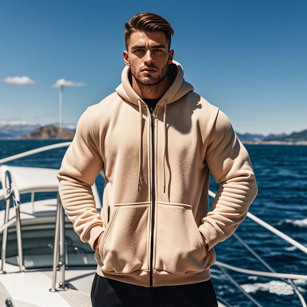 mens solid color casual sports hoodie multi pocket comfortable sportswear autumn and winter outdoor 240911
