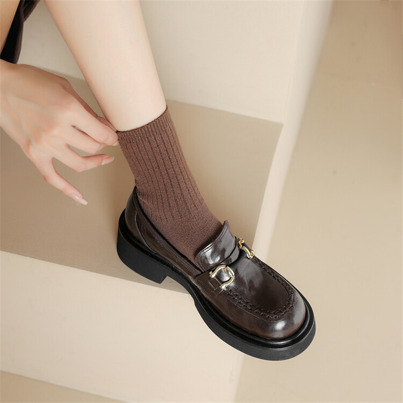 New Autumn Winter Genuine Leather Loafers Woman Shoes Chunky Heel Round Toe Shoes for Women Ladies Shoes Platform Women Pumps