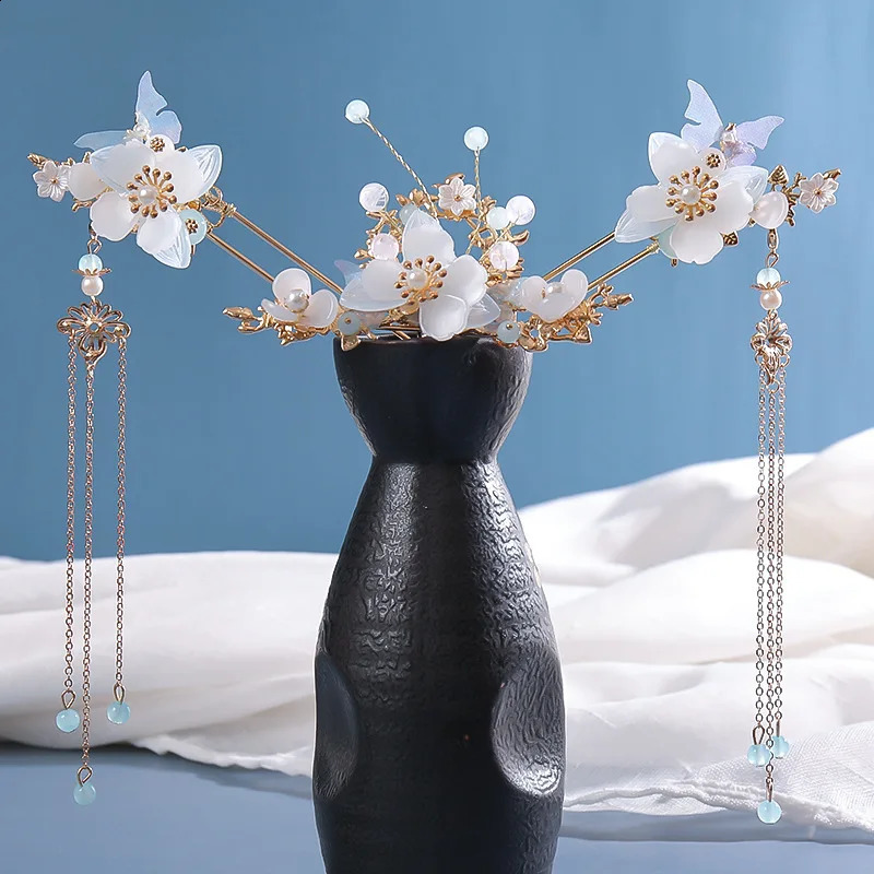 Chinese Hanfu Hair Accessories Set Long Fringed Vintage Hairpins Flower Handmade Sticks For Women Traditional Retro Jewelry 240903