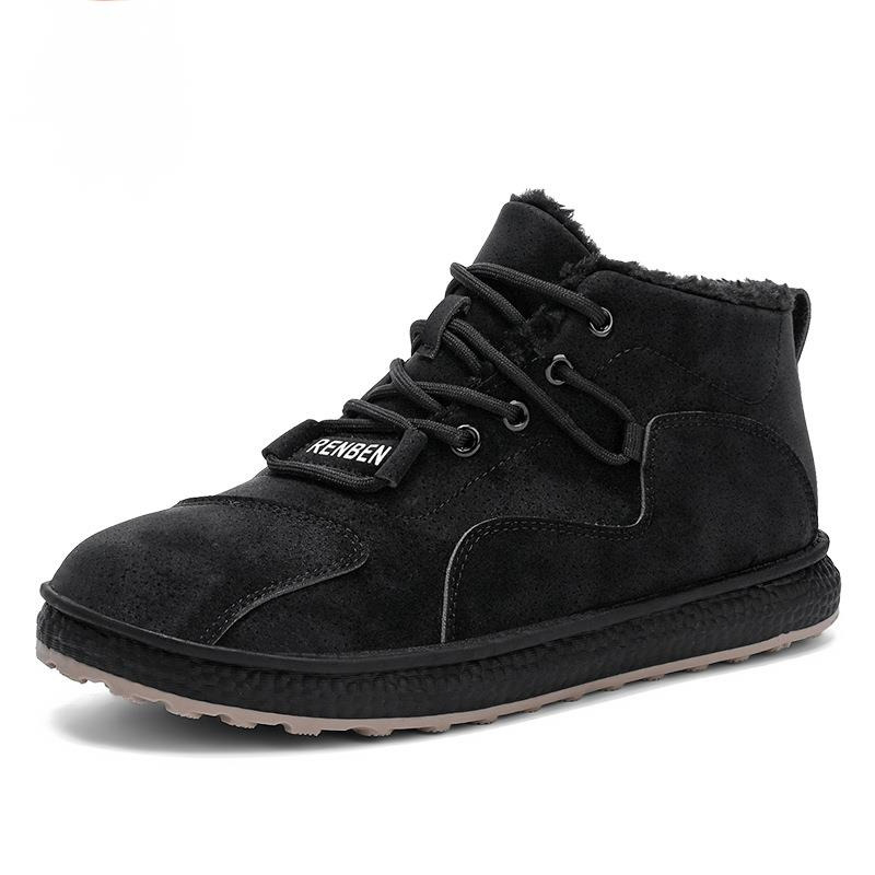 Winter thick snow with added fleece, outdoor sports warm cotton shoes, mid top lace up men's suede leather boots