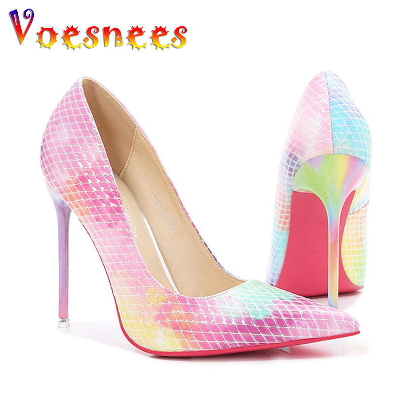 Lattice Design Fashion Women Shoe Graduated Color Sexy Thin Heels Pumps Temptation Pointy Temperament Single Shoes Wedding Dress