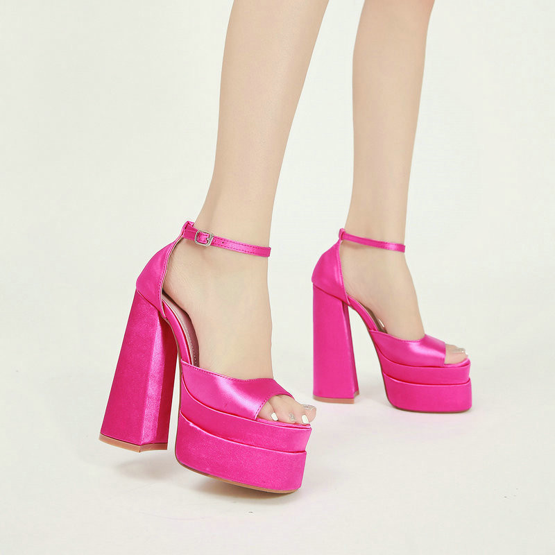 Summer 2024 New Products Square Head Hollow Thick Satin High Heel Fish Mouth Women's Shoes Plus Size Catwalk Sandals Trend 0b41