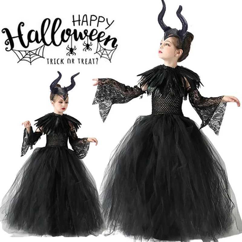 Halloween Costume Maleficent Tutu Dress For Girls Cosplay Evil Queen Black Mesh Princess Dress Kids Crow Wand Maleficent W250117