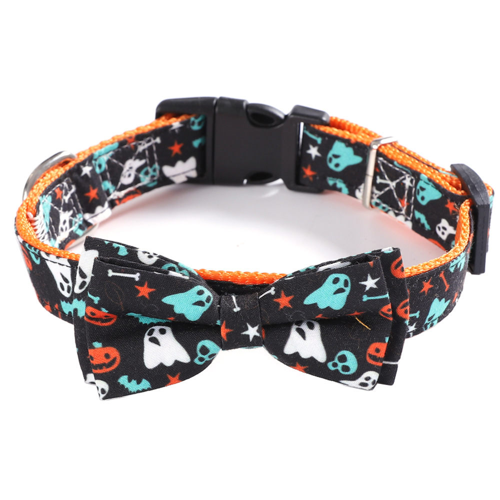 Pet Halloween Dog Collar, Cute Orange Festival Dog Collar with Bow, Adjustable Halloween Pet Collars for Small Medium Large Dogs