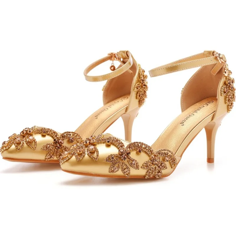 Summer High-heeled Women's Sandals Rhinestone PU 7CM Thin Heels Buckle Strap Mature Women's Shoes Golden Yellow Fashion