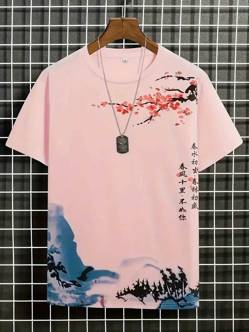 Mens 3D Plum Blossom printed loose short sleeved floral T-shirt Y2k casual streetwear mens trend T-shirt CL240913