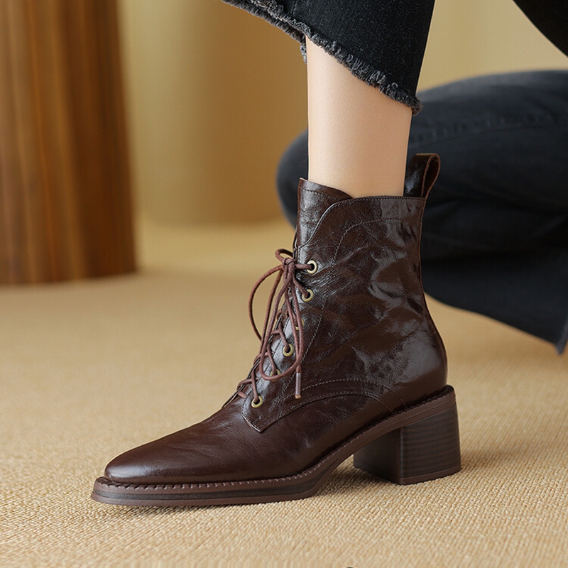 Autumn NEW Genuine Leather for Women Pointed Toe Chunky Heel Shoes Lace-up Ankle Zipper Designer Boots 4a2a