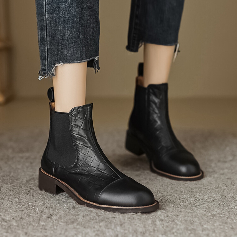 Autumn NEW Round Toe Chunky Heel Genuine Leather Shoes for Women Concise Zipper Short Blck Boots 44ff